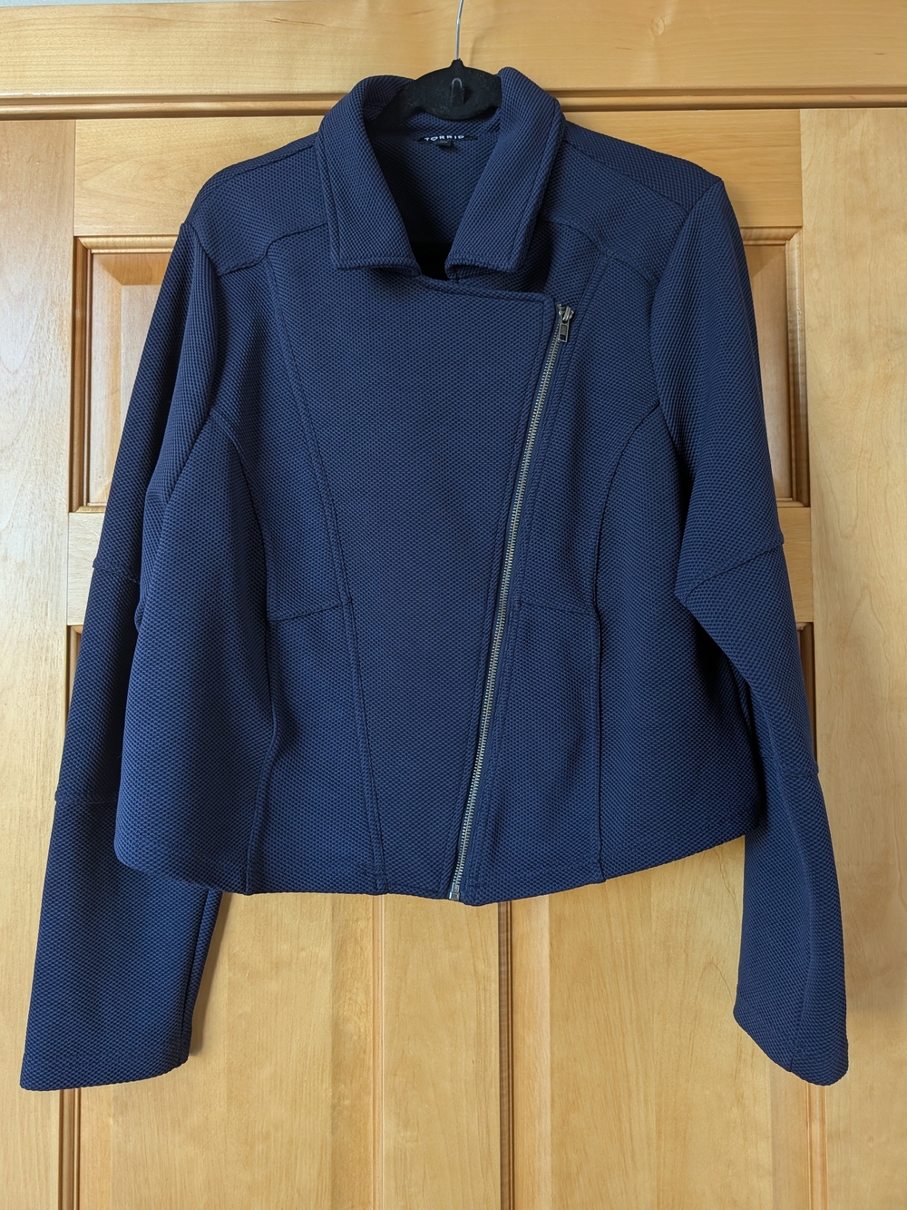 Textured Navy Asymmetrical Zip Jacket - Women